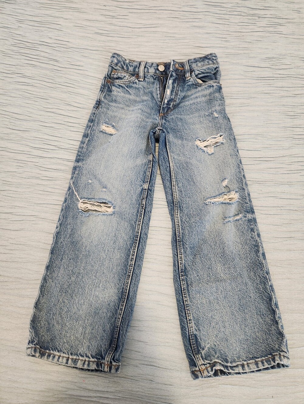 Zara Girls Light Blue Distressed Wide-Leg Jeans